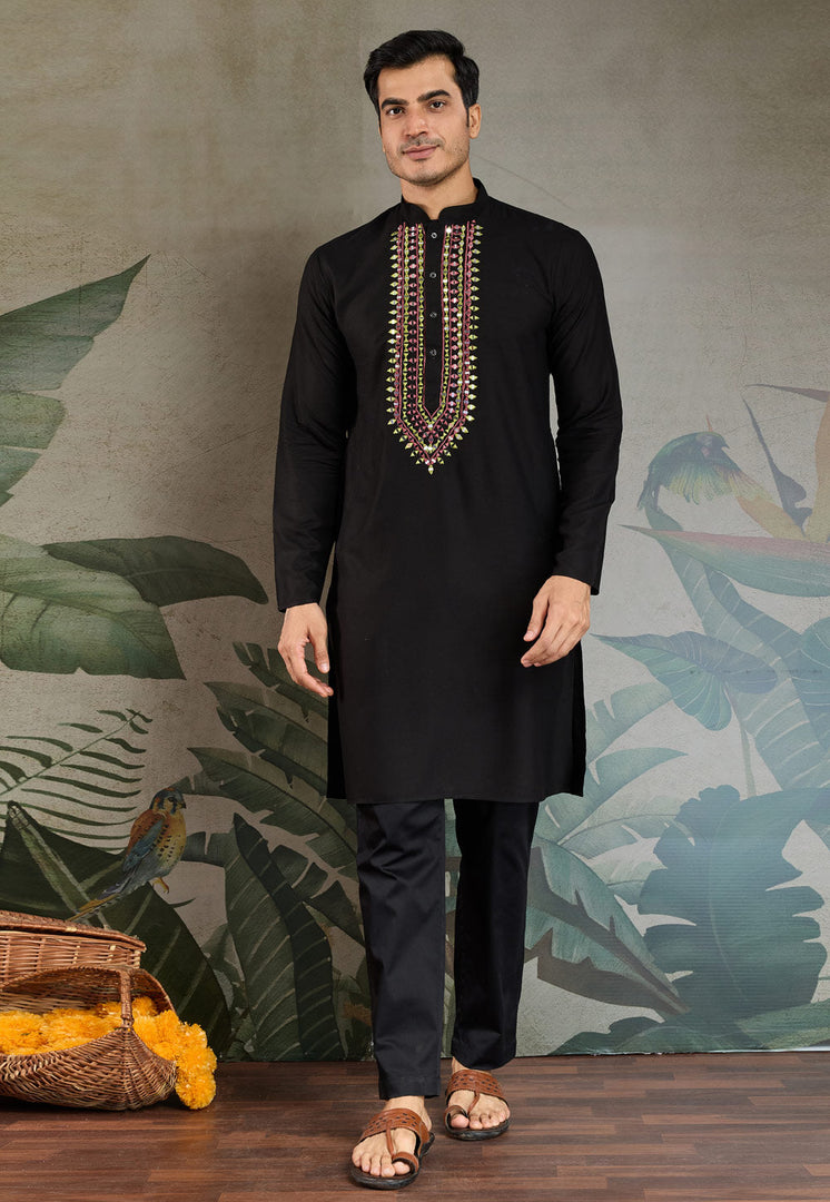 Black Viscose Rayon Kurta Pajama With Stole