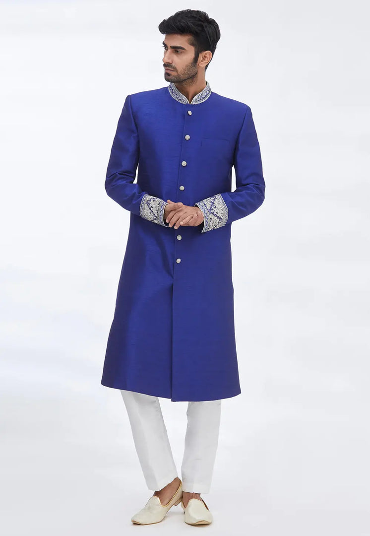 Blue Art Silk Indo Western Sherwani
