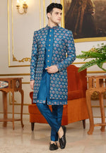 Load image into Gallery viewer, Blue Art Silk Jacket Style Sherwani

