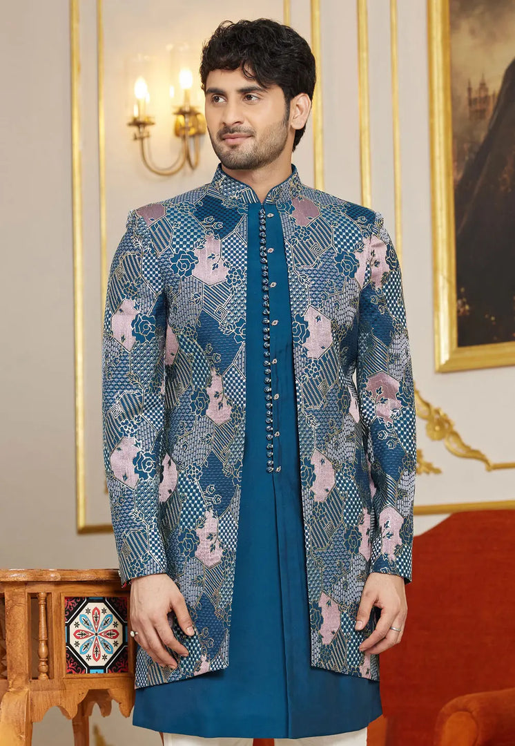 Blue Art Silk Jacket Style Sherwani
