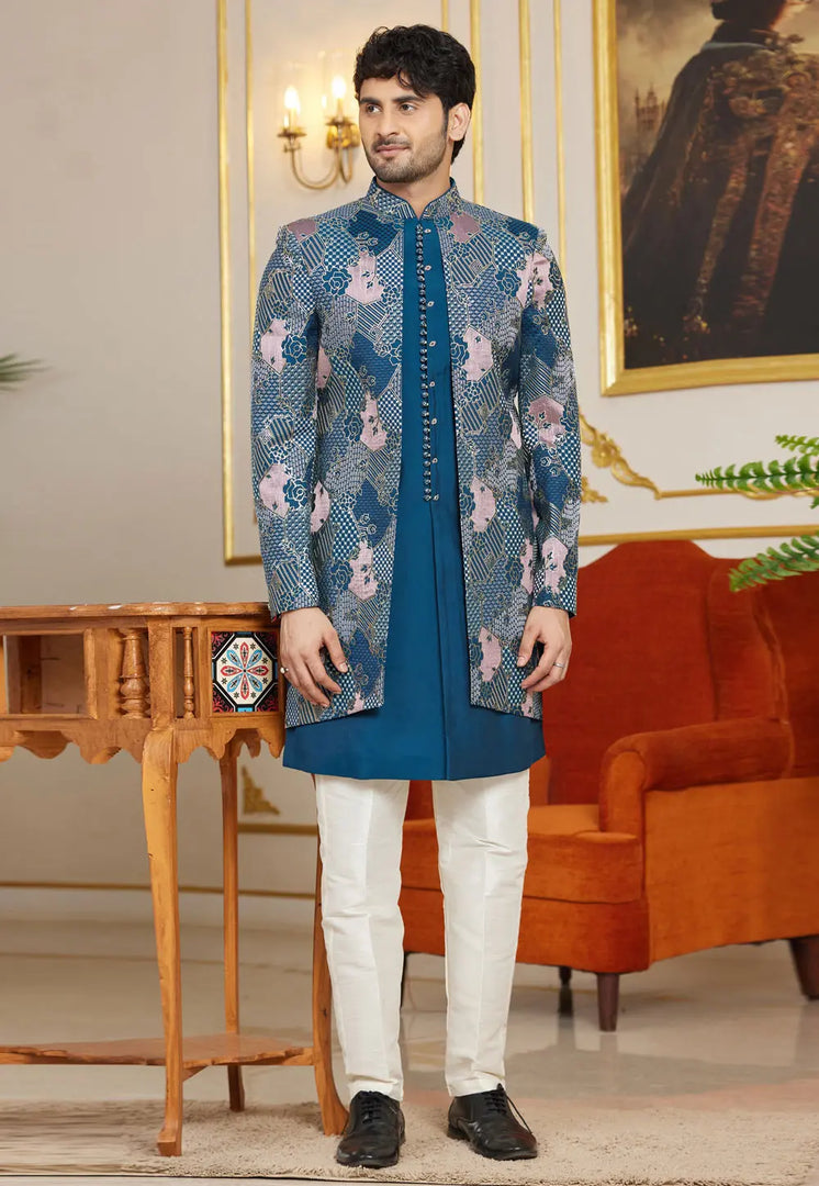 Blue Art Silk Jacket Style Sherwani