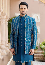 Load image into Gallery viewer, Blue Art Silk Jacket Style Sherwani
