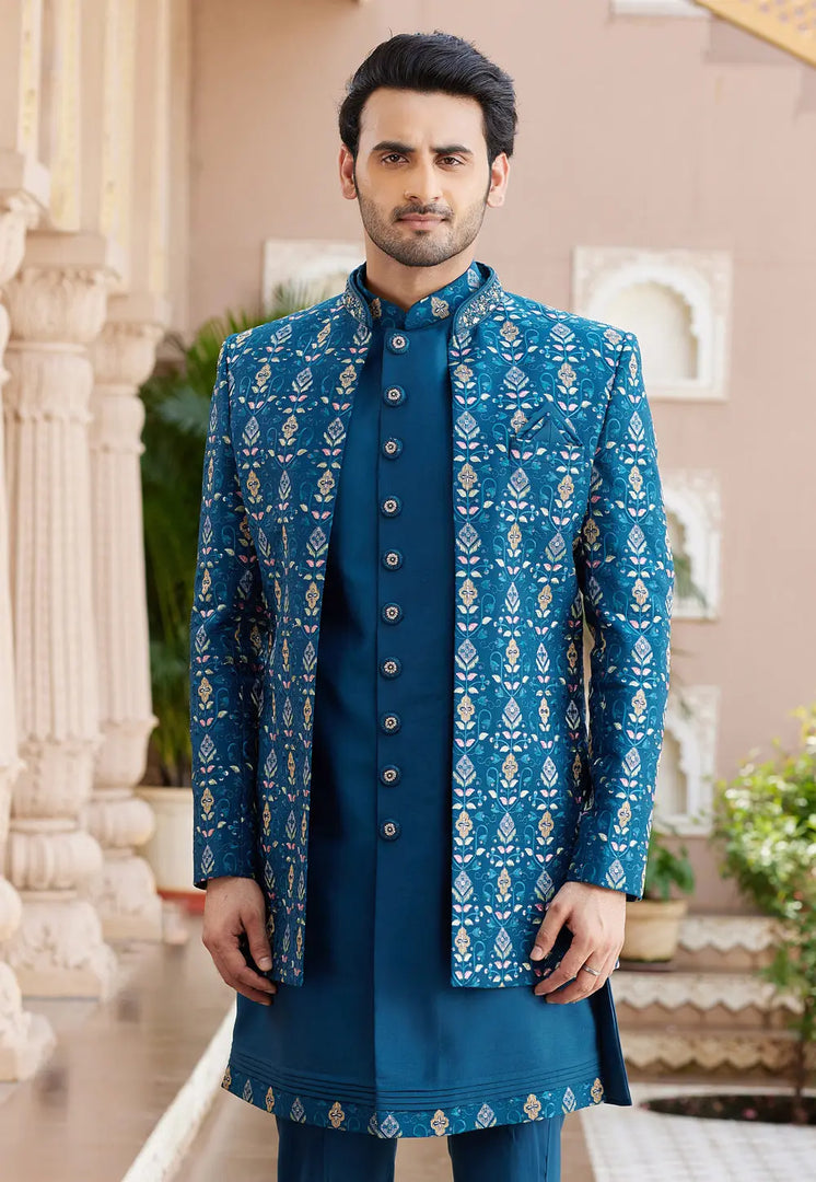 Blue Art Silk Jacket Style Sherwani