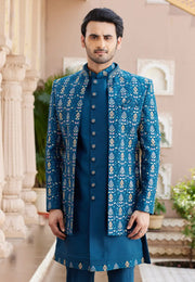 Blue Art Silk Jacket Style Sherwani