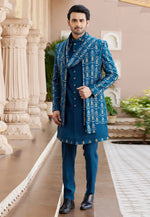 Load image into Gallery viewer, Blue Art Silk Jacket Style Sherwani
