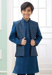 Blue Art Silk Kids Kurta Pajama With Jacket