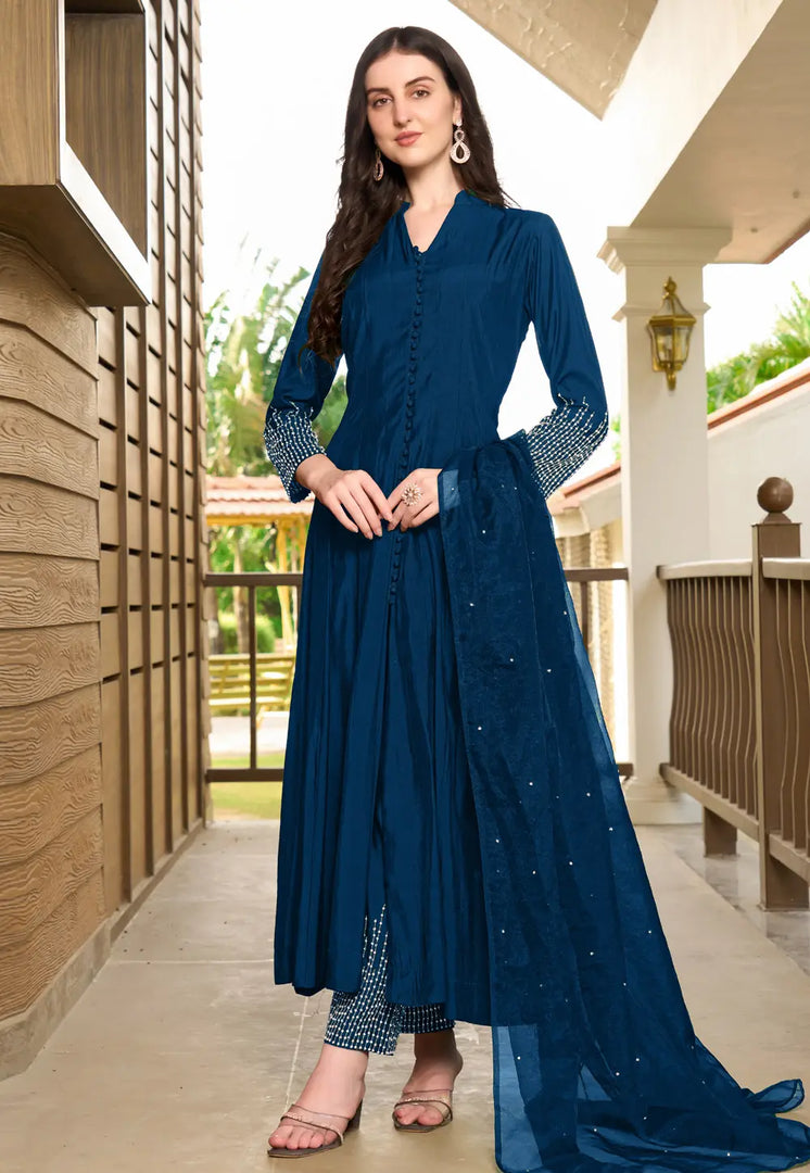 Blue Art Silk Readymade Anarkali Suit