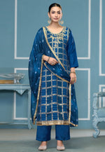 Load image into Gallery viewer, Blue Banarasi Cotton Palazzo Suit
