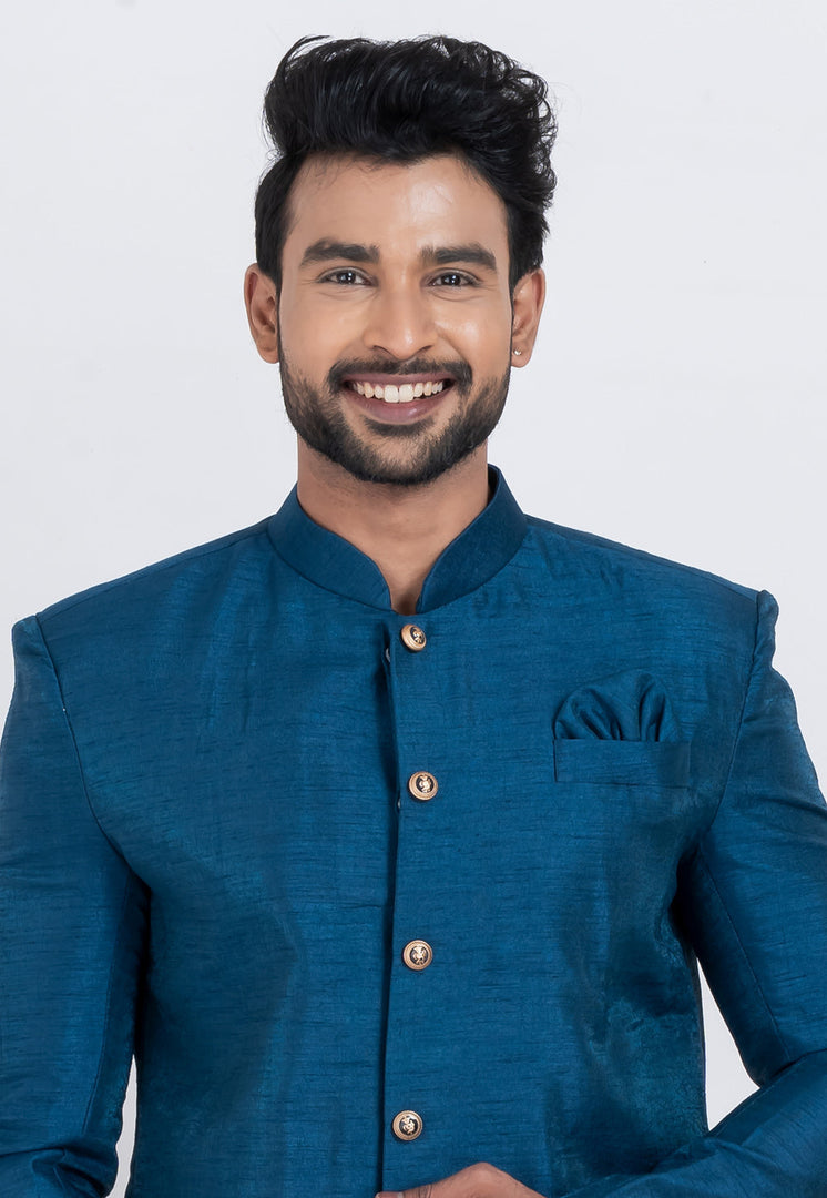 Blue Banarasi Indo Western Suit