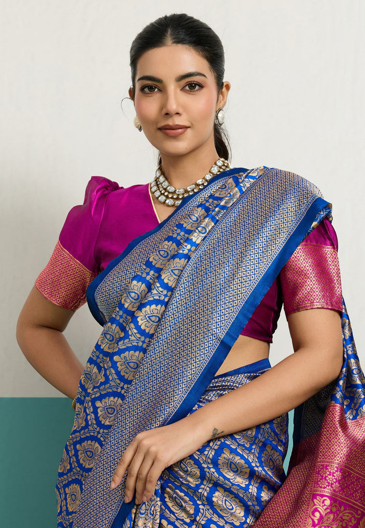 Blue Banarasi Silk Saree With Blouse
