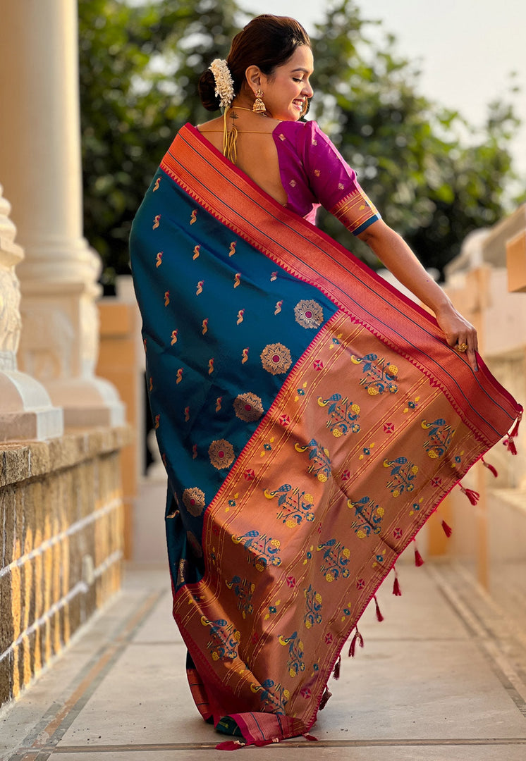 Blue Banarasi Silk Saree With Blouse