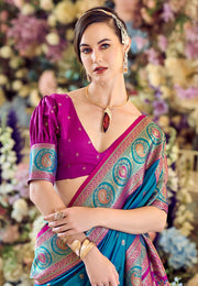 Blue Banarasi Silk Saree With Blouse