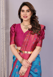 Blue Banarasi Silk Saree With Blouse