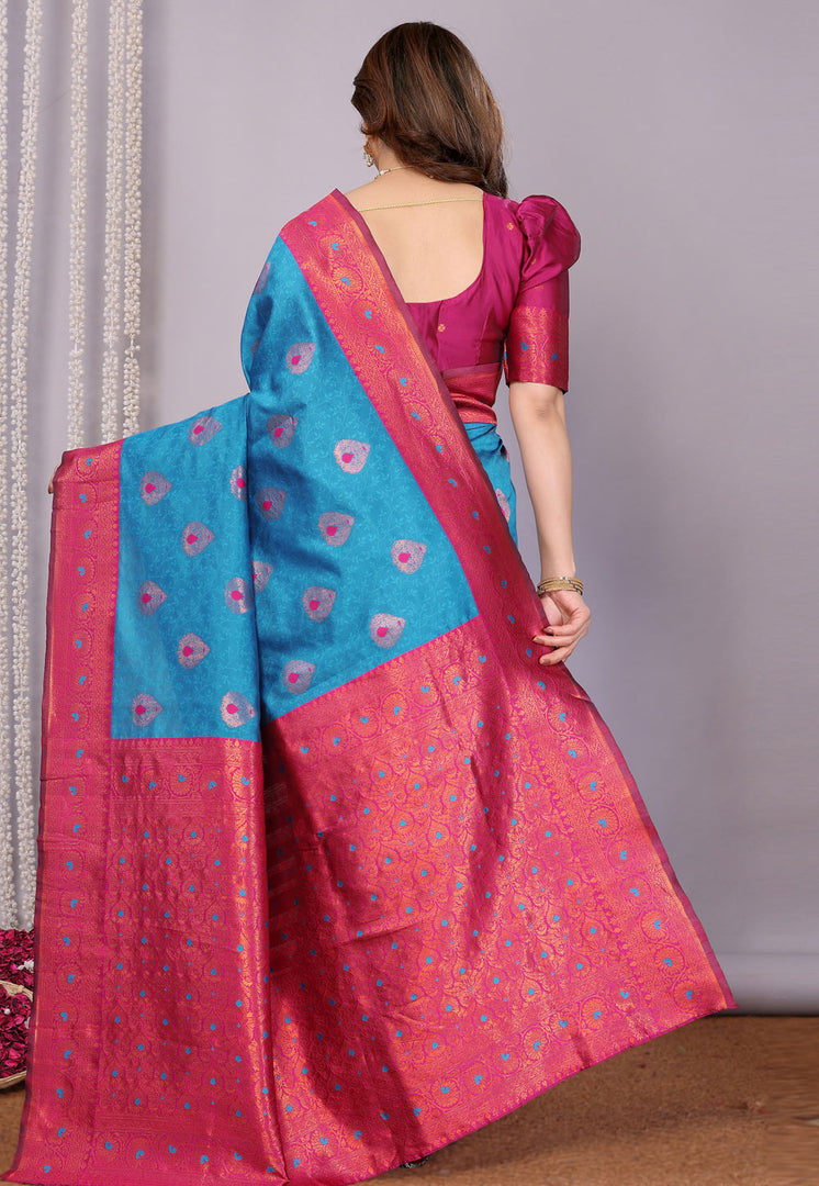Blue Banarasi Silk Saree With Blouse