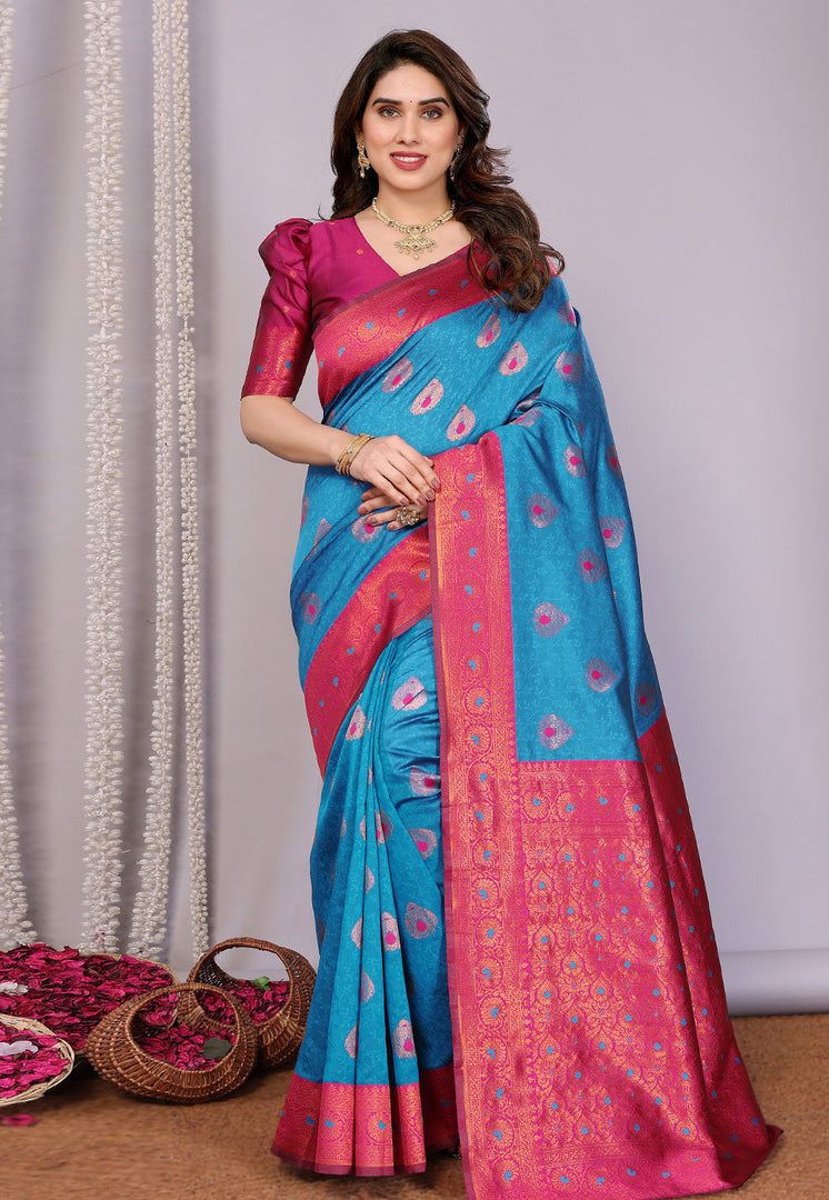 Blue Banarasi Silk Saree With Blouse