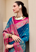 Load image into Gallery viewer, Blue Banarasi Silk Saree With Blouse
