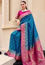 Load image into Gallery viewer, Blue Banarasi Silk Saree With Blouse
