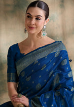 Load image into Gallery viewer, Blue Banarasi Silk Saree With Blouse