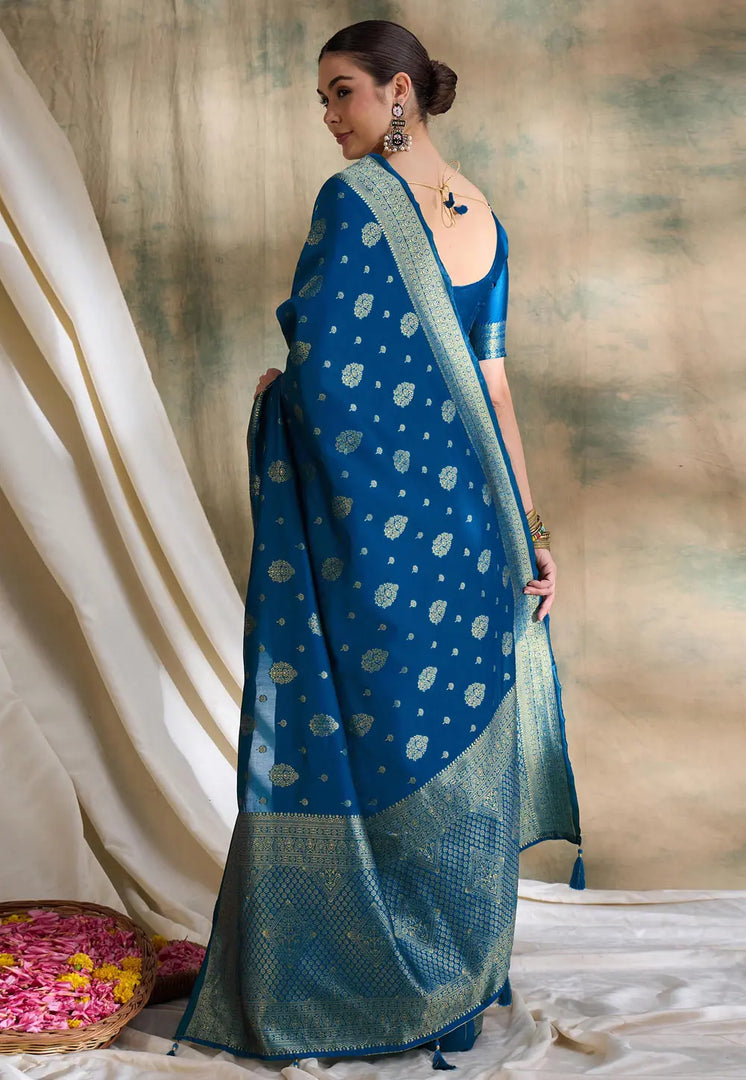 Blue Banarasi Silk Saree With Blouse