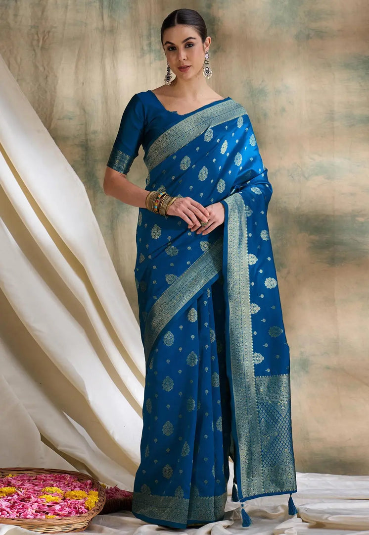 Blue Banarasi Silk Saree With Blouse
