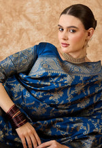 Load image into Gallery viewer, Blue Banarasi Silk Saree With Blouse