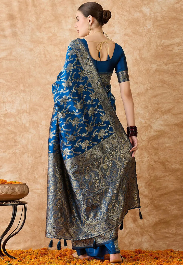 Blue Banarasi Silk Saree With Blouse