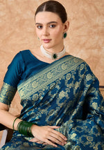 Load image into Gallery viewer, Blue Banarasi Silk Saree With Blouse