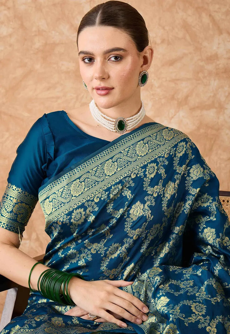Blue Banarasi Silk Saree With Blouse