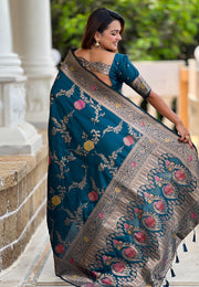 Blue Banarasi Silk Saree With Blouse