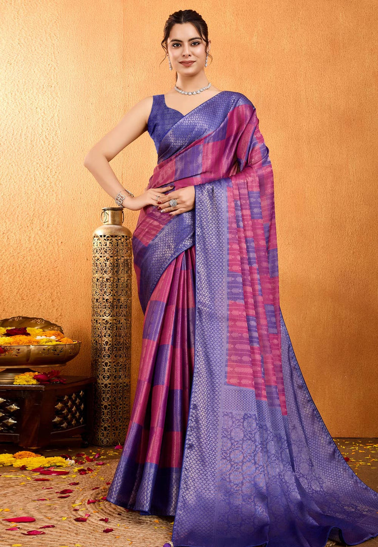 Blue Brocade Silk Saree With Blouse