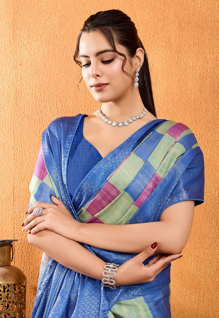 Blue Brocade Silk Saree With Blouse