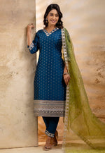 Load image into Gallery viewer, Blue Chanderi Silk Readymade Pant Style Suit

