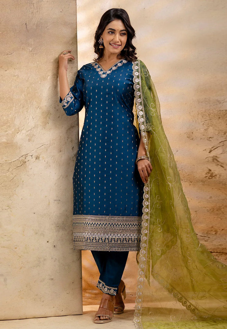 Blue Chanderi Silk Readymade Pant Style Suit