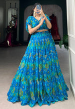 Load image into Gallery viewer, Blue Chiffon Floral Lehenga choli

