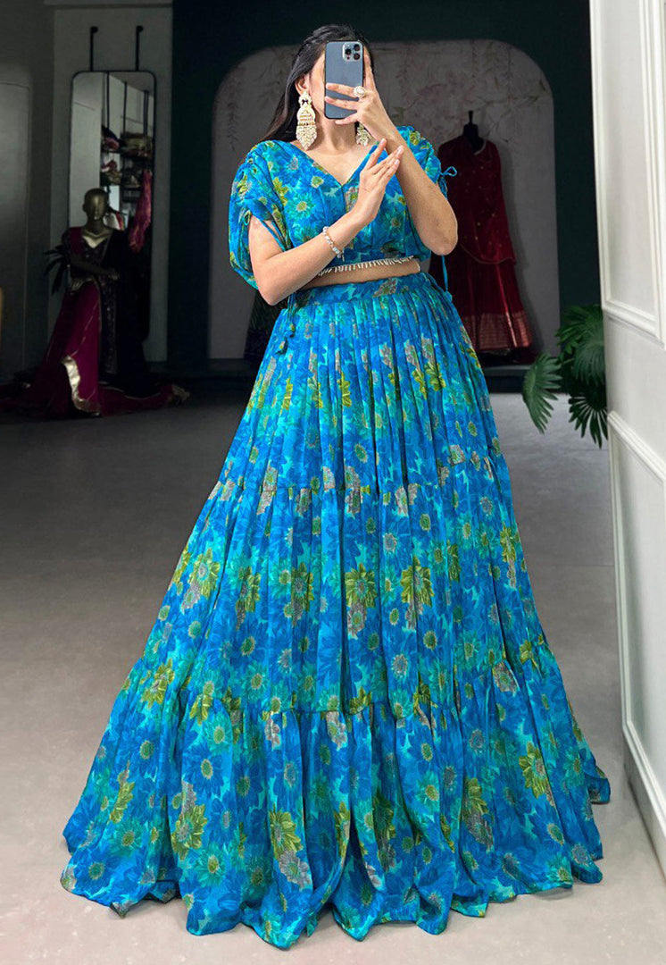 Blue Chiffon Floral Lehenga choli