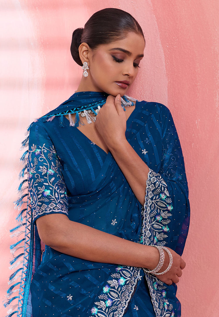 Blue Chiffon Saree With Blouse