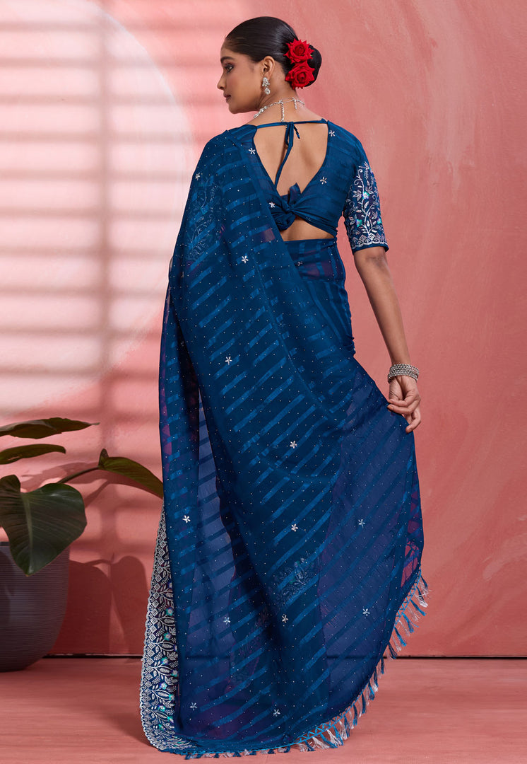 Blue Chiffon Saree With Blouse