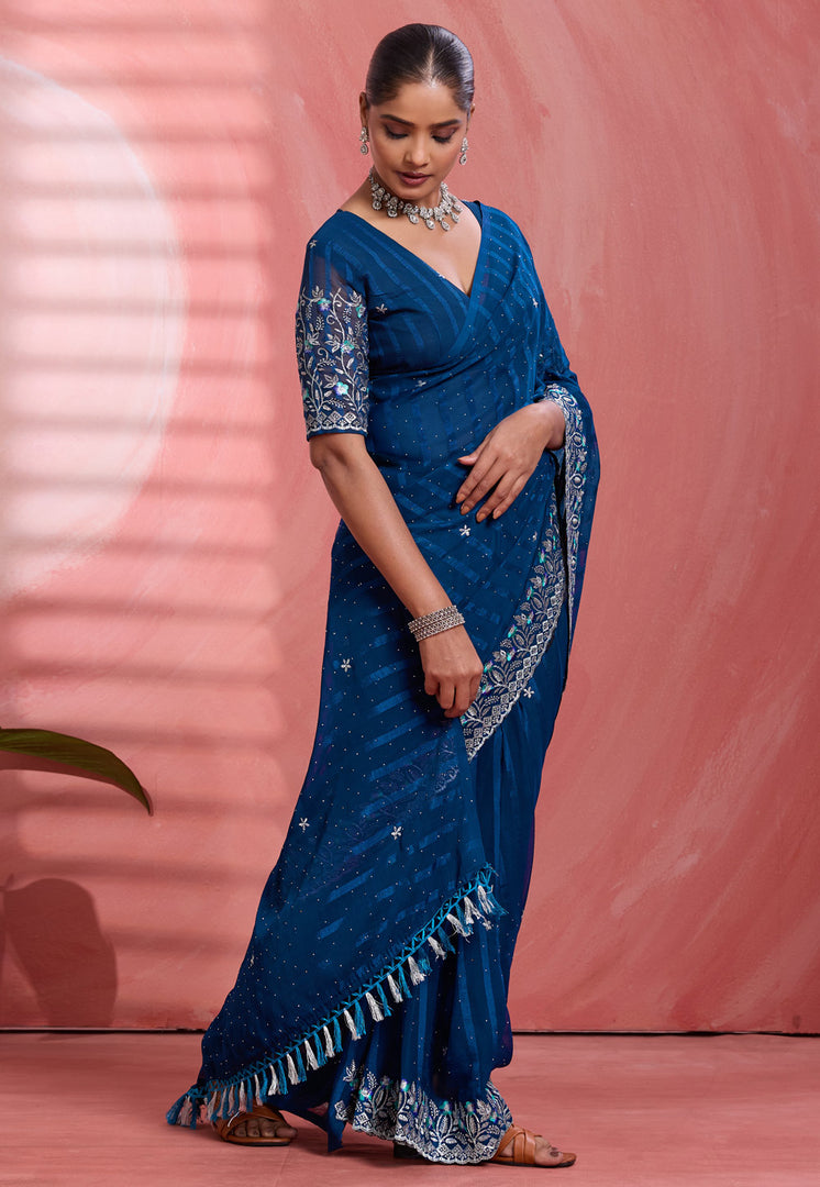 Blue Chiffon Saree With Blouse