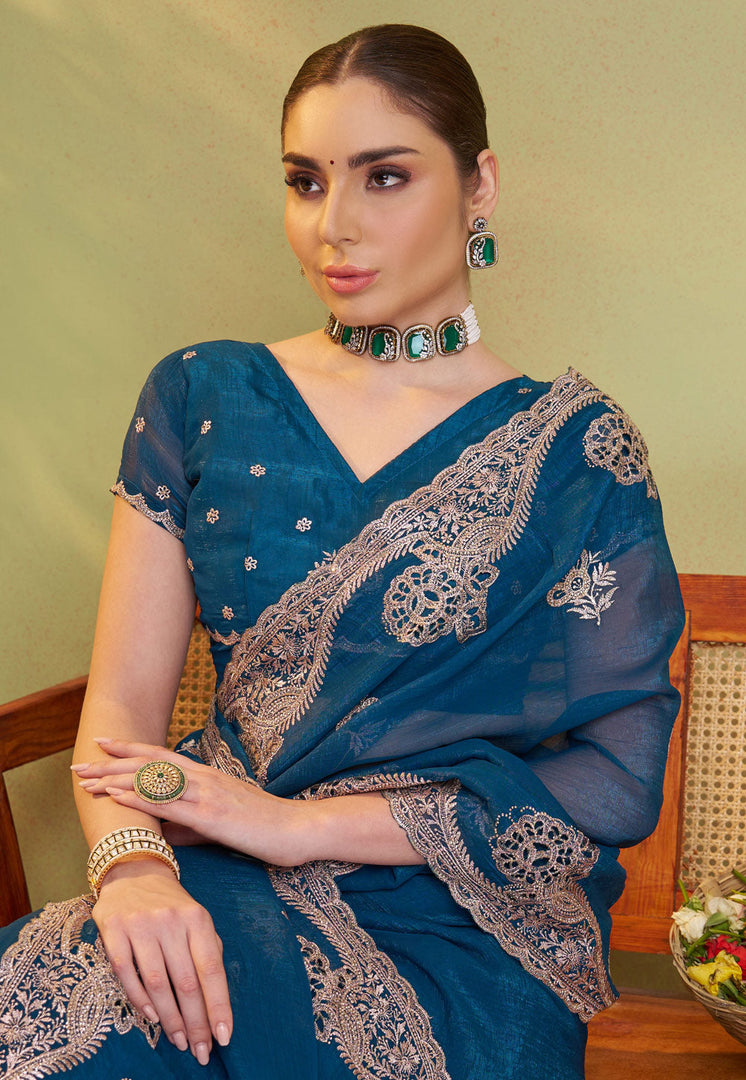 Blue Chiffon Saree With Blouse