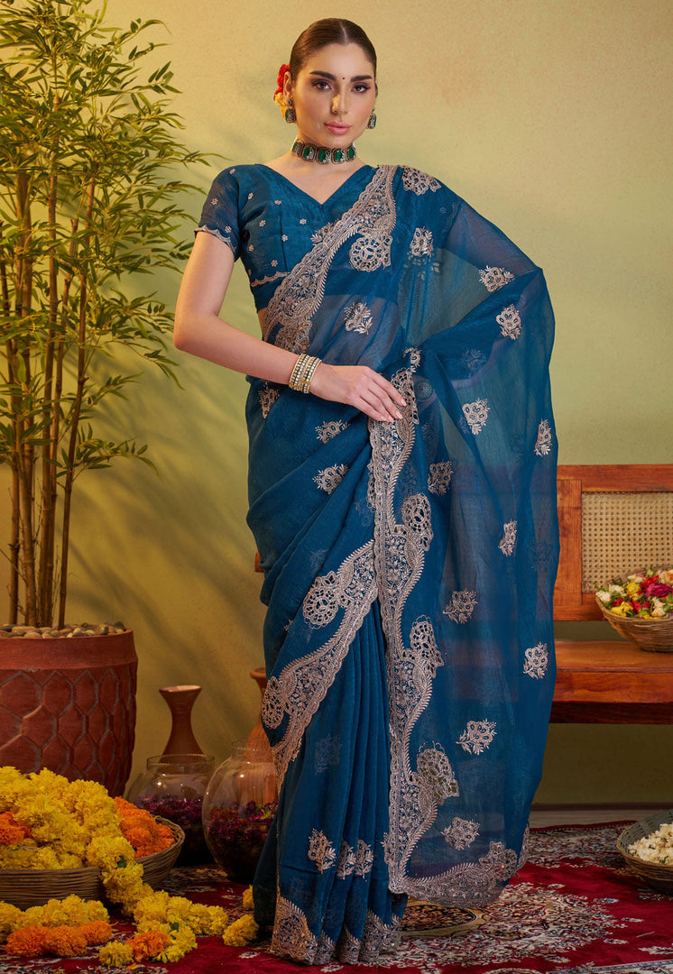 Blue Chiffon Saree With Blouse