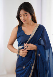 Blue Chiffon Saree With Blouse