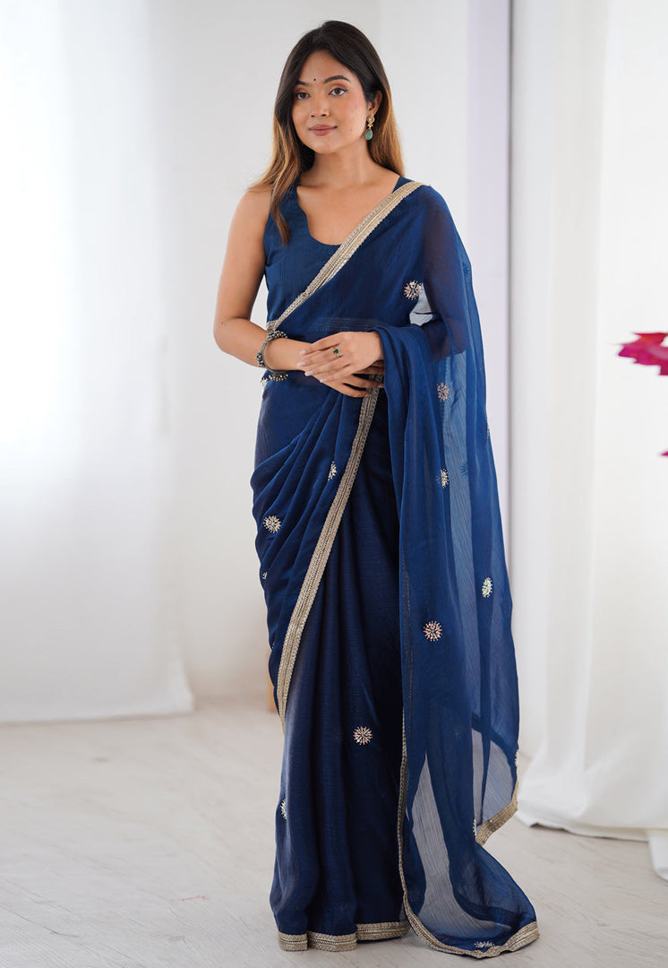 Blue Chiffon Saree With Blouse