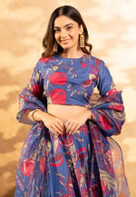 Load image into Gallery viewer, Blue Chinon Floral Lehenga choli
