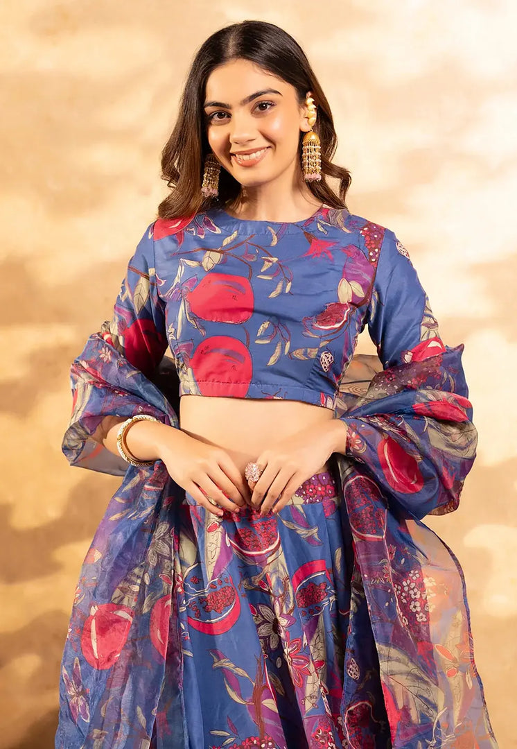 Blue Chinon Floral Lehenga choli