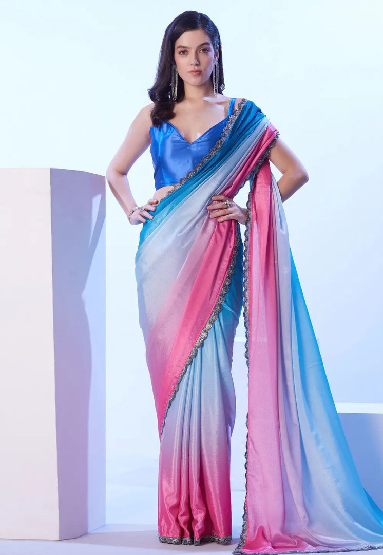 Blue Chinon Half N Half Saree