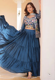 Blue Chinon Jacket Style Lehenga Choli