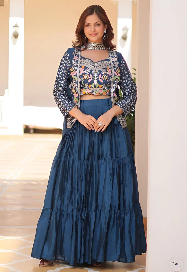 Blue Chinon Jacket Style Lehenga Choli