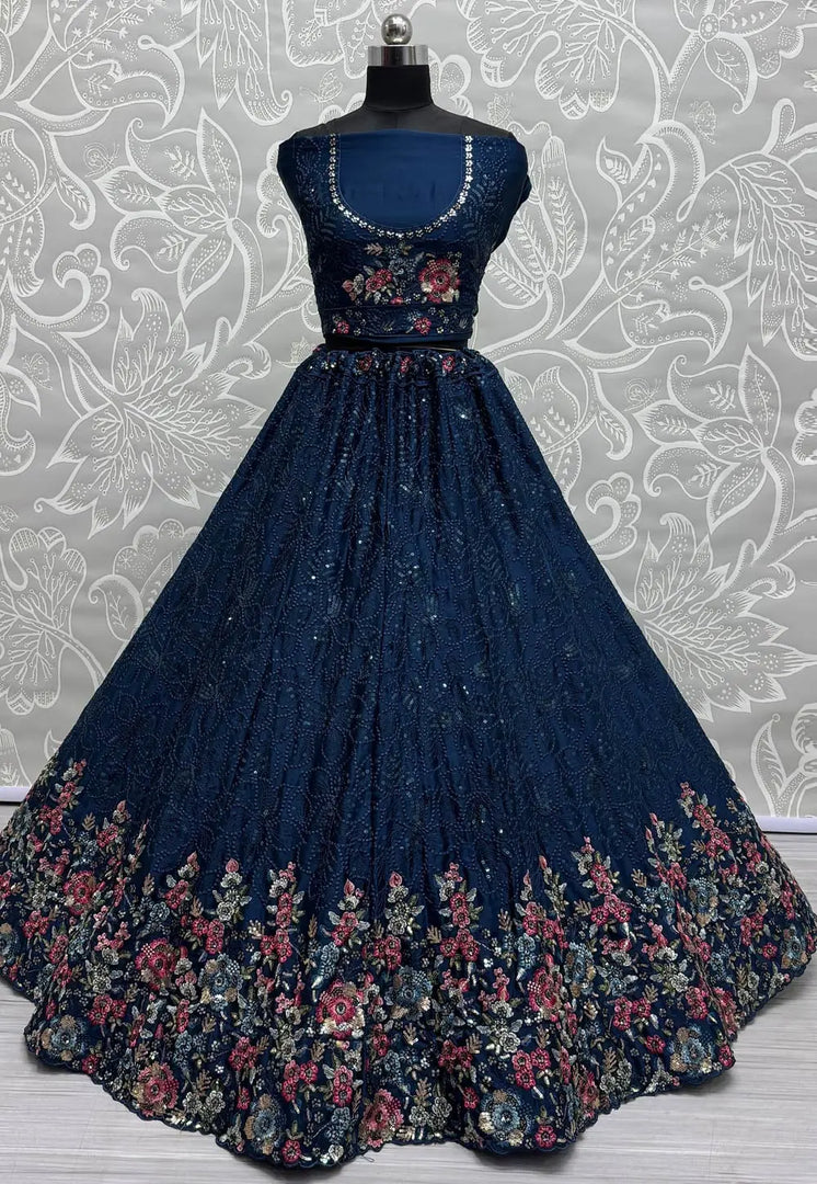 Blue Chinon Lehenga Choli