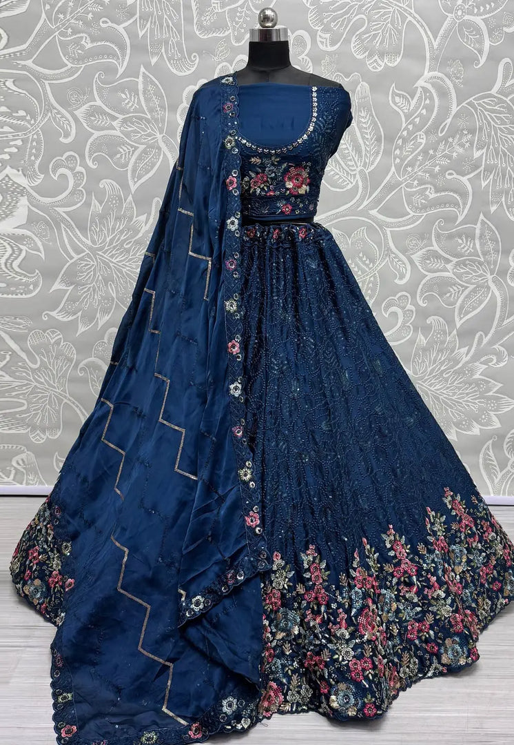 Blue Chinon Lehenga Choli