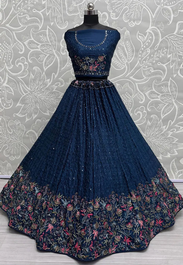 Blue Chinon Lehenga Choli